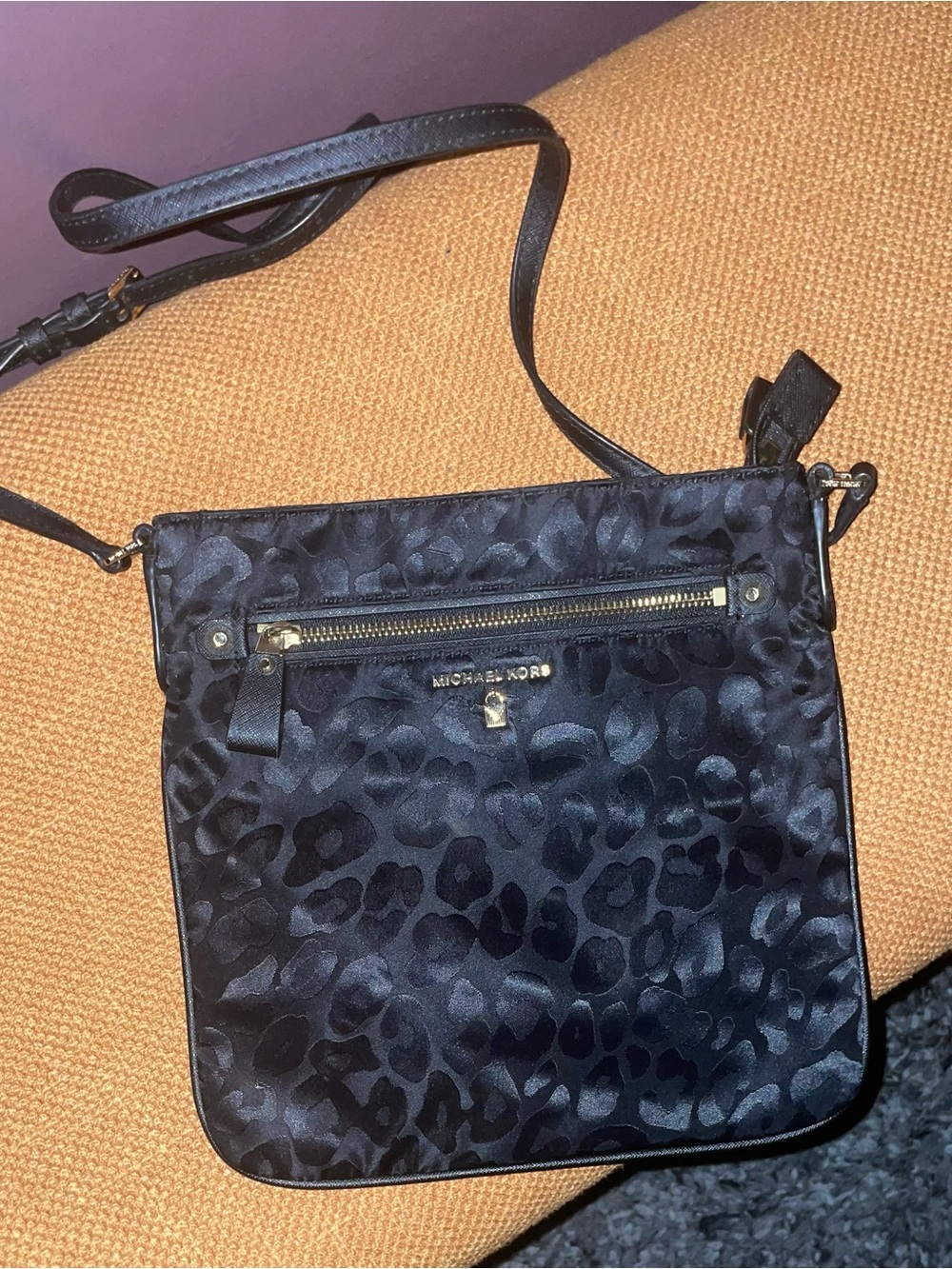 Michael Kors Black Satin Leopard-Print Crossbody Bag with Gold Hardware